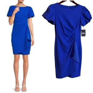 DKNY Ruched Bubble Sleeve Mini Sheath Boatneck Dress Size 4P Cobalt Blue NEW